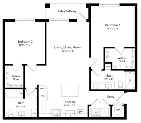 Two Bedroom Floor Plan | 1,021 Sq. Ft. at The Gallery at Trinity Luxury Apartments in Trinity FL